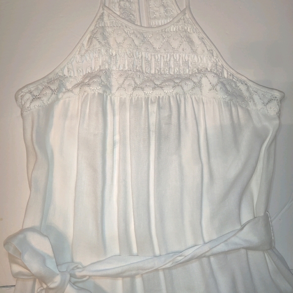 Milly NY Linen Blend Halter Tumbled Zoe  Crochet Lace White Poplin Sundress - Picture 6 of 16